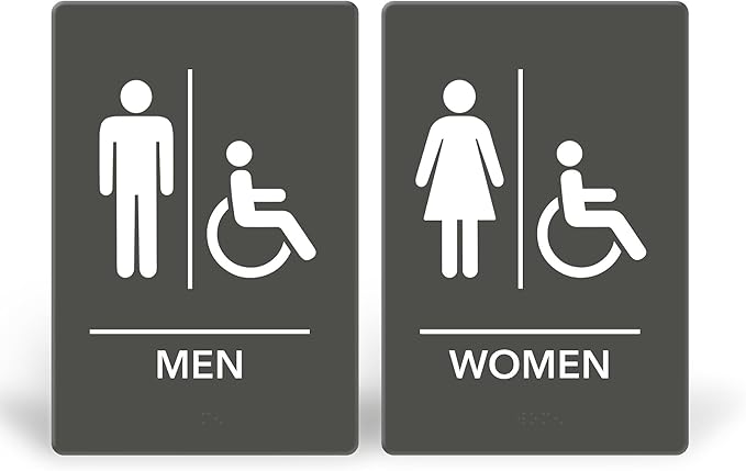 Promot Men and Women Handicap Restroom Sign – ADA Braille Bathroom Sign for Business, Self-Adhesive, 9" x 6", Commercial Door Signage, Office Wall Decor - Grey