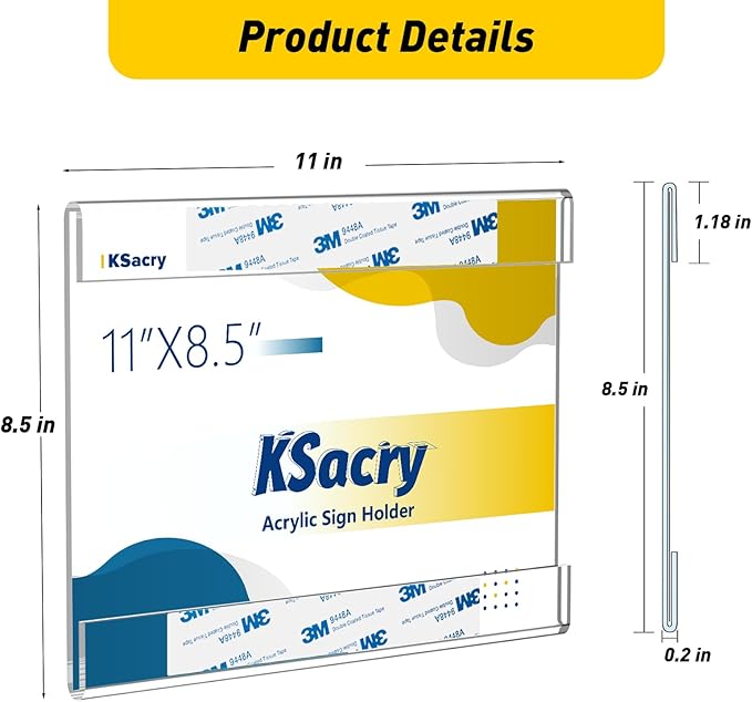 KSacry 10 Pcs Acrylic Sign Holder 11 x 8.5, Horizontal Wall Mount Sign Holders with 3M Adhesive, Clear Plastic Frames Paper Display Sign Holders for Office, Home, Store, Restaurant - No Drilling