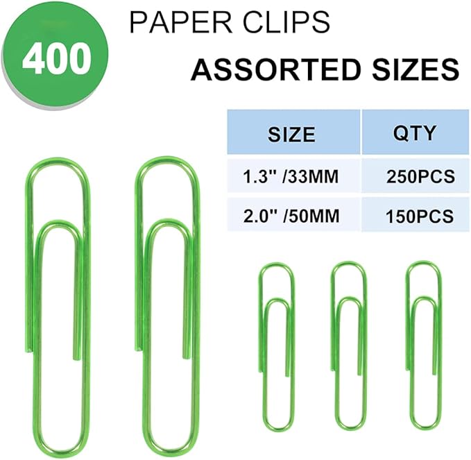 PaperClips Assorted Sizes 400 Pieces, 2"（50mm） Green Large Paper Clips and 1.3" （33mm） Paper Clips Medium Size, Sturdy Coated PaperClips Smooth for Office School and Personal Use