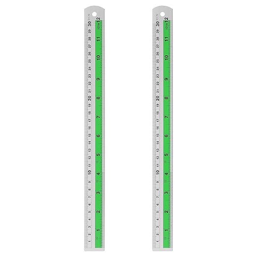 HARFINGTON 2pcs Metal Straight Ruler 30cm Metric SAE Aluminum Alloy Measuring Rulers Scale Tool with Hole for Measure Study Reading Classroom Office, Green