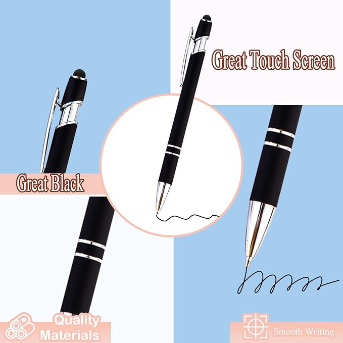 PASISIBICK 12 Pieces Black Ballpoint Pen with Stylus Tip, 2 in 1 Stylus Pen, Premium Metal Stylus Pen for Touch Screens, Black Ink, 1.0 mm Medium Point(12 Black)