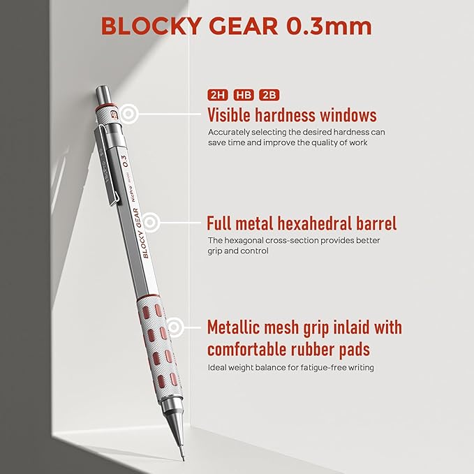 Nicpro 3 Pack Blocky Gear 0.3 mm Metal Mechanical Pencils Set with Case, Lead Drafting Pencil with 8 Tube (480PCS) Lead Refills, 4 Erasers, 18 Eraser Refills for Art Writing, Sketching Drawing