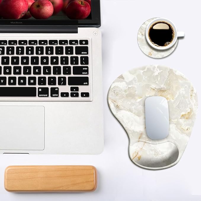 Ergonomic Mouse Pad with Wrist Support and Coaster,Mouse Pads with Non-Slip PU Base for Home Office Working Studying Easy Typing & Pain Relief Ivory Gold