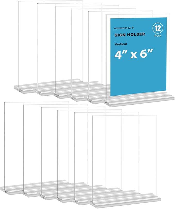newnewshow 4x6 Inch Clear Acrylic Sign Holder, Display Stand, Plastic Card Holder for Business, Office, Retail (4x6 Inch 12 Pack)