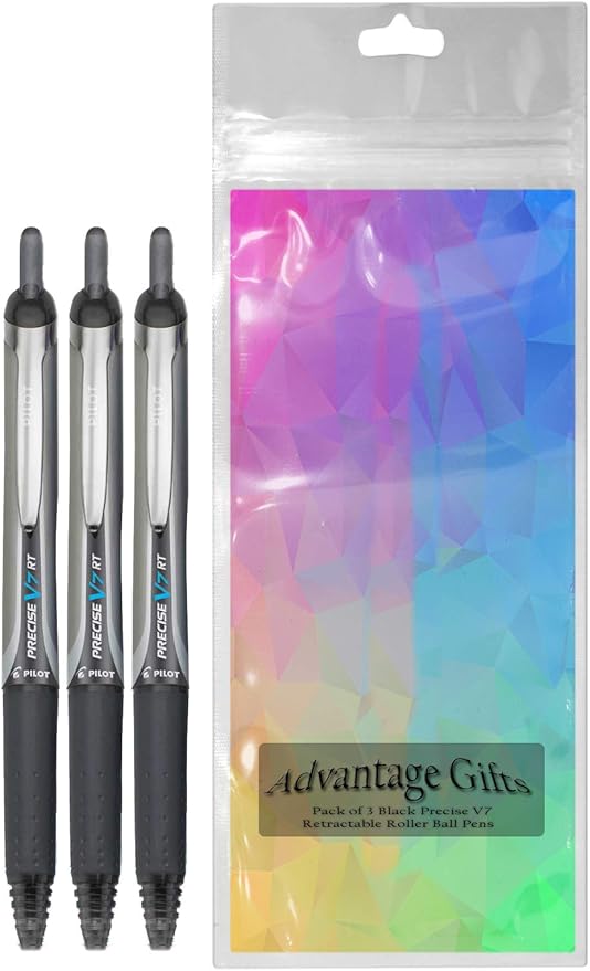 Precise V7 RT Retractable Rolling Ball Pens, Fine Point (.7mm), Black Ink, 3-pk; Premium Comfort Grip, Bundle with Plastic Reusable Pouch