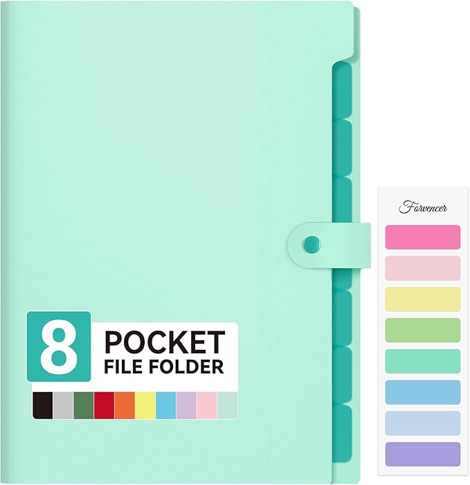 Forvencer Expanding File Folder with 8 Pocket, Letter Size Accordion File Organizer, Portable Folders for Documents, Cute Paper Organizer, Filling Products for School Office Supplies, Mint Green