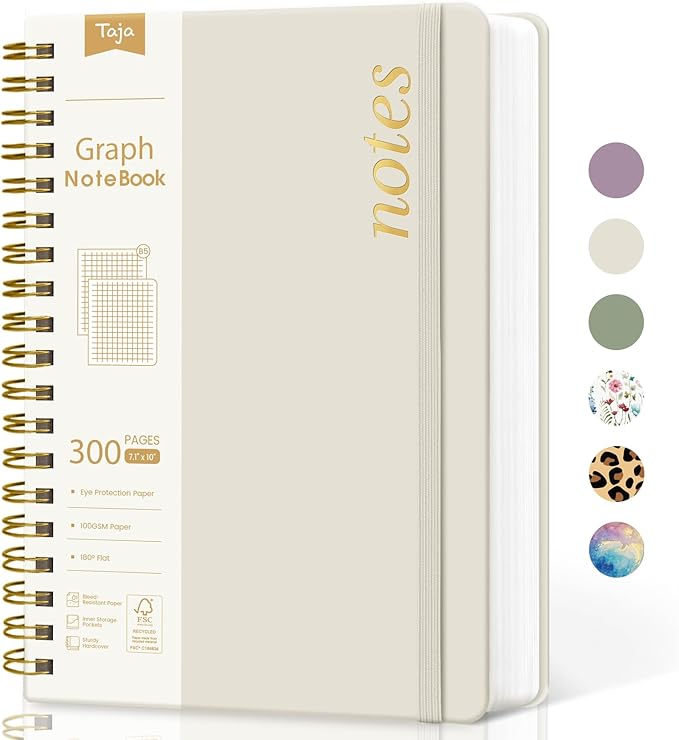 Spiral Graph Paper Notebook Journal for Work, 300 Pages, Thick B5 (7.1"x10") Grid Journals for Women & Writing, Hardcover Notebook for Note Taking, Perfect for Work School Note Taking Business, Grey Beige