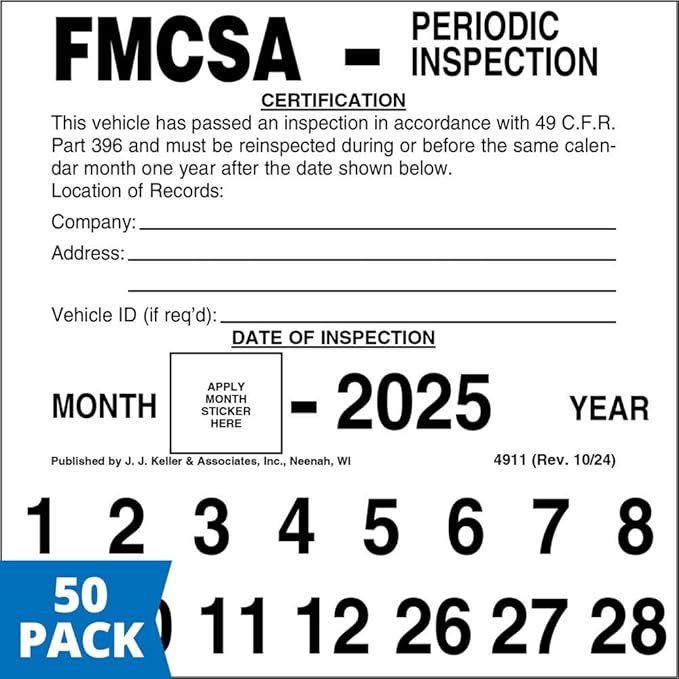 FMCSA Periodic Inspection Label 50-pk. - 5" x 5", Permanent Self Adhesive Vinyl - Meet DOT AVIR 49 CFR Part 396 Requirements - J. J. Keller & Associates