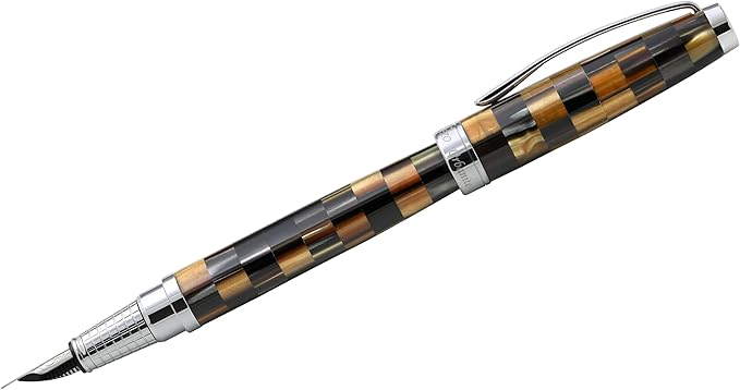 Xezo Urbanite Fountain Pen, Fine Nib. Woody Brown, Tan, Silver, and Black Acrylic on Brass. Chrome Plated. Limited Edition and Serialized