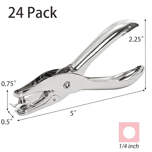 Jucoan 24 Pack Single Hole Punch,1/4 Inch Small Hole Punch, Metal Handheld One Hole Paper Puncher for Tags Tickets Home Office School Craft, 8 Sheets Capacity, 6 mm
