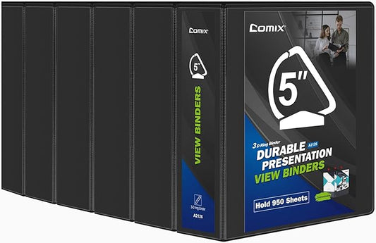 Comix Durable 3 Ring Binder, 5 inch D Ring Binders, Hold 950 Sheets of US Letter Size Paper, 6 Pack (Black)