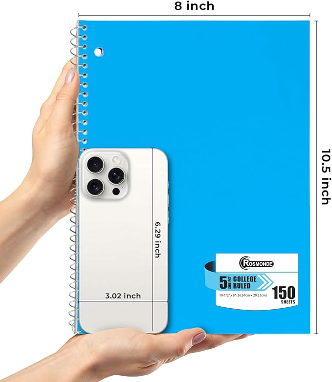 5 Subject Notebook College Ruled, 6 Value Pack, 300 Pages (150 Sheets), 8 x 10-1/2", 5 Subject College Ruled Spiral Notebooks for School & Office, Thick Paper Fights Ink Bleed, 3 Hole Punched