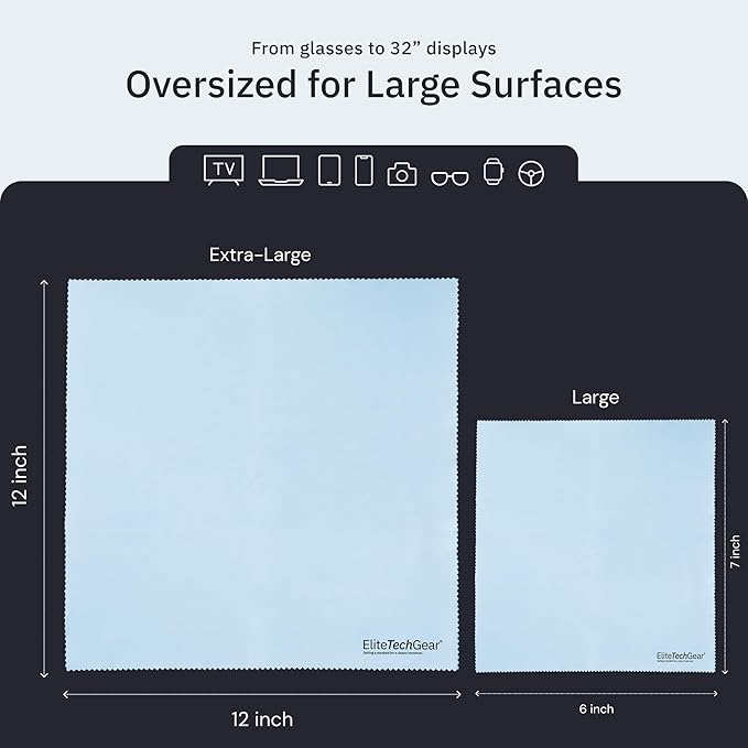 Elite Tech Gear 4-Pack Microfiber Cloth Set - 12"x12" Oversized Washable & Durable Wipes for Glasses, Lenses, Electronics & Screens - Glasses Cleaner Cloth