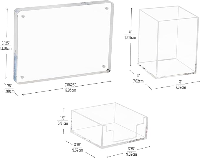 Mind Reader 3-Piece Desk Organizer Set, Pen Holder, Photo Frame and Sticky Note Tray, Desktop Organization, Office, Acrylic, Clear