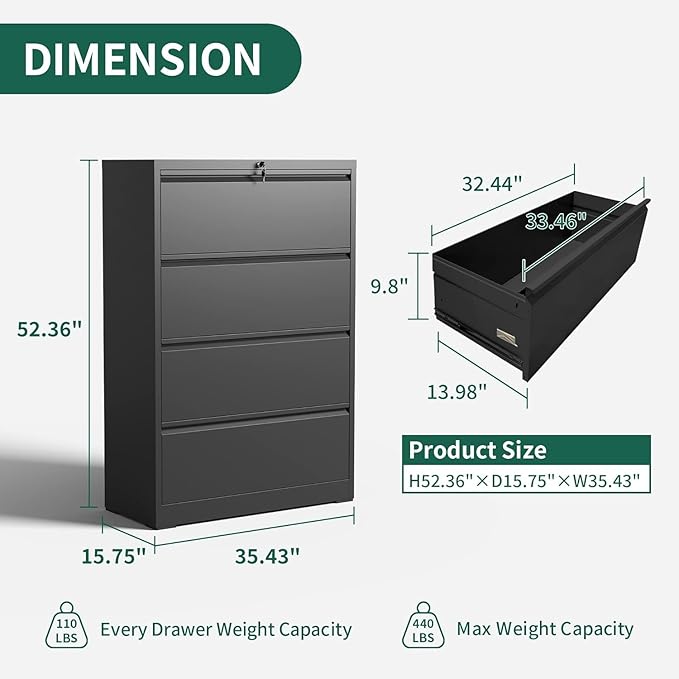 Lateral File Cabinet with 4 Drawer, Metal File Cabinets for Home Office with Lock, Large Filing Storage Cabinet Printer Stand, Steel Wide File Cabinet for Legal/A4/F4/Letter Size Files-Black