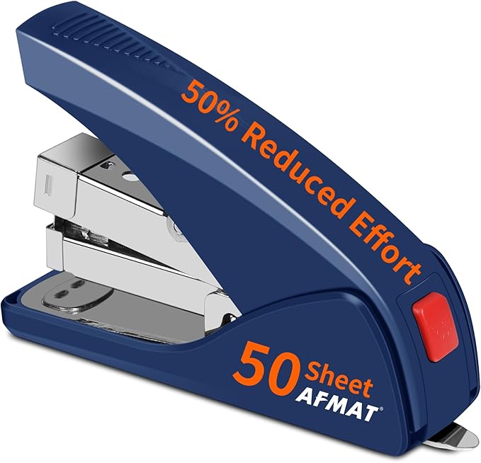 AFMAT Effortless Stapler for Desk, 50 Sheet Capacity, Low Force, Built-in Staple Remover, One Finger Touch Stapling Desktop Stapler, Portable & Space Save Size, Good for Home & Office, Blue
