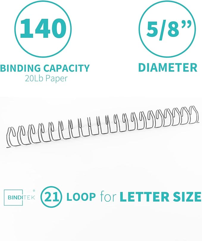 Binditek 50 Pack Double Loop Wire Binding Spines, 5/8Inch Binding Wire for Letter Size, 2:1 Pitch, 140 Sheet Capacity, 21-Loop, Black, for Students and Coworkers