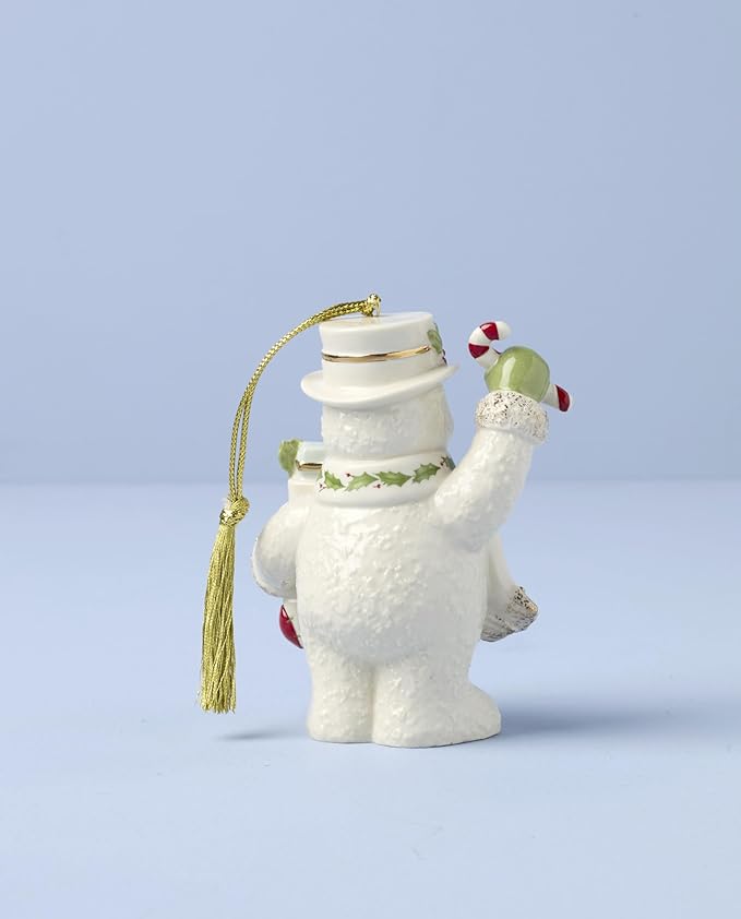 Lenox Ornament, 2025 Snowman with Stocking Christmas Ornament, Made from Porcelain Featuring Gold Accents and Hanging Cord, Snowman with Stocking Design, Christmas Tree Decorations (White, 1 Piece)