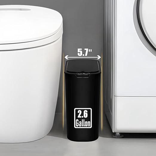 TIPGO Automatic Motion Sensor Bathroom Trash Can with Lid, 2.6 Gallon Touchless Trash Bin, Smart Garbage Can Plastic Slim Wastebasket for Bedroom, Office, Dorm (Black)