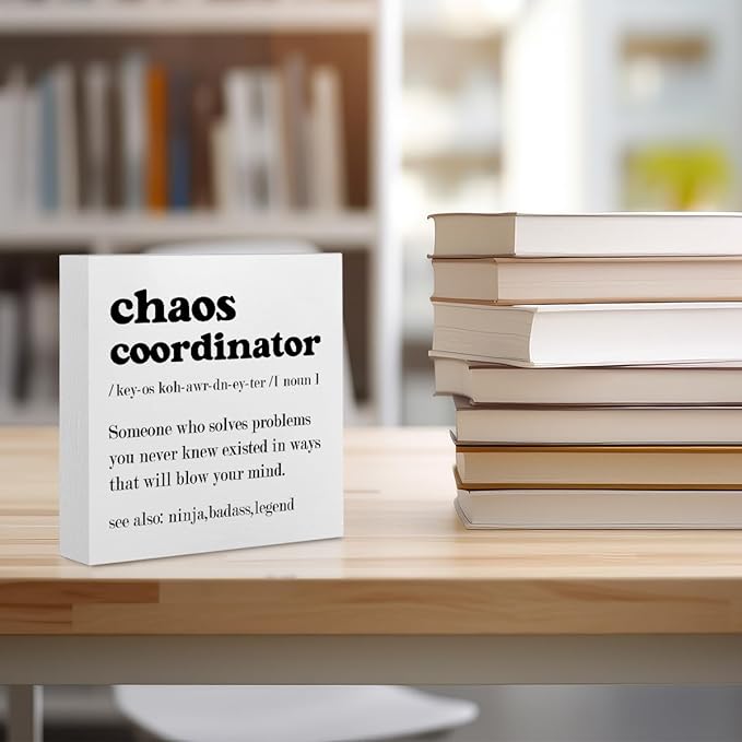 Funny Chaos Coordinator Office Supplies Rustic Desk Decor White Wooden Box Sign Thank You Gifts for Coworker Manager Boss Teacher Farmhouse Wood Plaque Cubicle Accessories Home Shelf Table Decorations