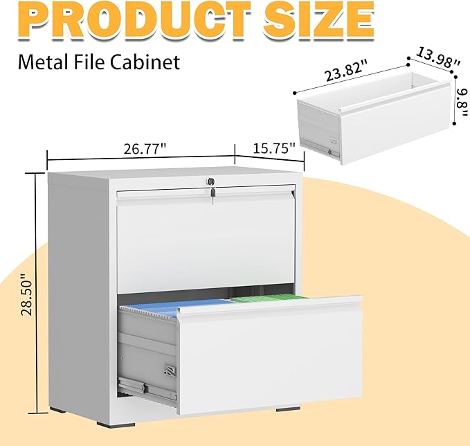 2 Drawer Lateral File Cabinet with Lock, File Cabinet, Metal Lateral Filing Cabinets for Home Office, File Storage Cabinet for Legal/Letter/A4 Documents, Assembly Required (White, 26'W)