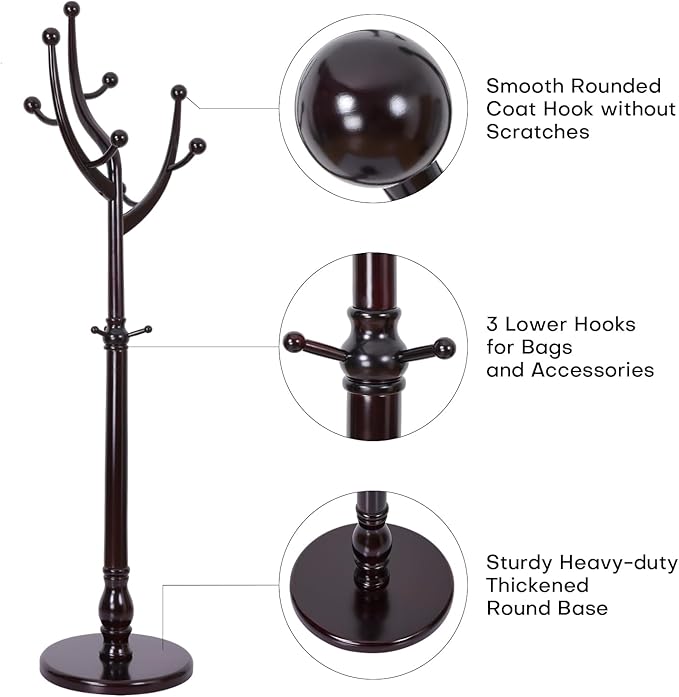 Tree Coat Rack Freestanding with Round Base, Unique Coat Hanger Stand, Heavy Duty Standing Coat Rack Clothes Stand for Winter Jacket, Hat, Entryway/Hallway/Bedroom, Red Brown