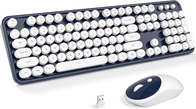 Wireless Keyboard and Mouse, Typewriter Full Size Keyboard with Number Pad and 2 in 1 USB Connected Mouse for Windows 7/8/10, Laptop, Desktop, PC, Computer (Dark-Blue)