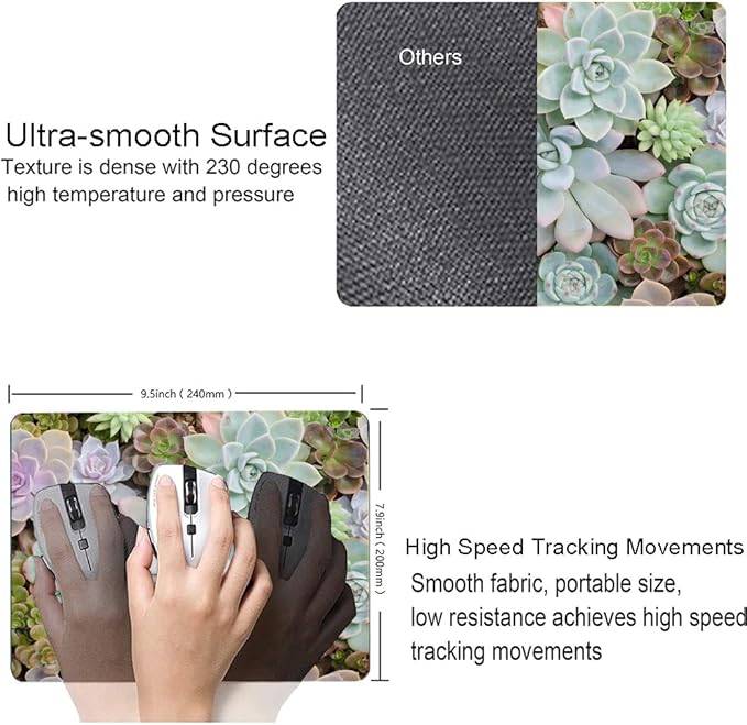 Mouse Pad, Cute Succulent Cactus Plants Mouse Pads, Square Washable Cloth Personalized Mouse Mat with Design, Gaming Office Home Non-Slip Rubber Base Computer Mousepad