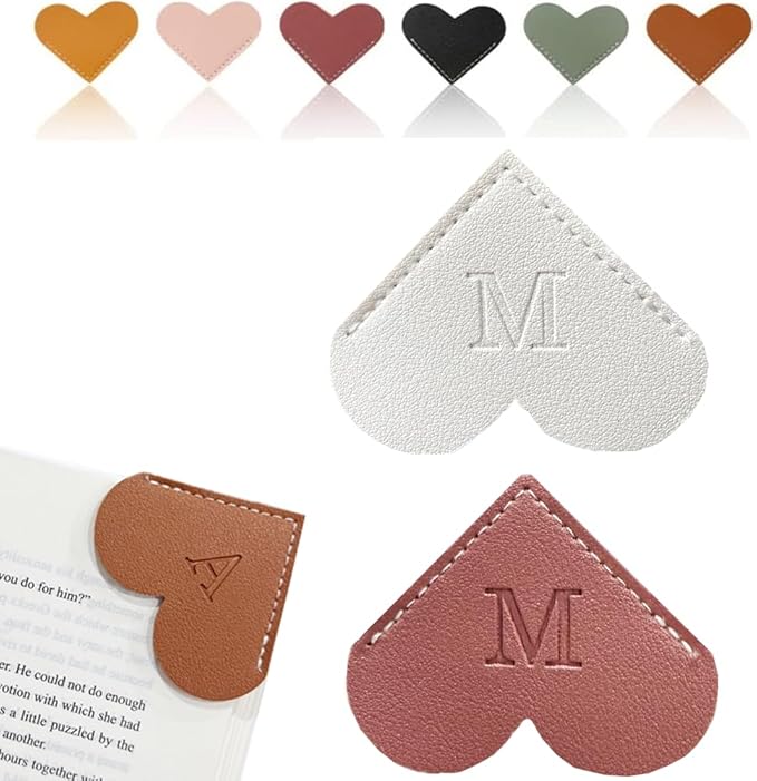 Personalized Leather Heart Bookmark, 26 Letters Customized Corner Book Mark for Reading Women, Book Marker with Initials，Cute Gifts (White+Deep Pink, M)
