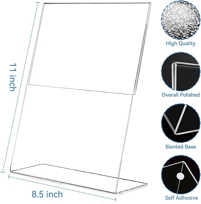 EHWINE 12 Pack Acrylic Sign Holder 8.5 x 11, L Shape Clear Plastic Display Stand, Slanted Back Picture Frame Menu Flyer Paper Display Stand up Table Top Sign Holders for Restaurant, Office and School