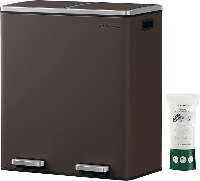 SONGMICS Trash Can, 2 x 8 Gallon (2 x 30 L) Garbage Can for Kitchen, with 15 Trash Bags, 2 Compartments, Plastic Inner Buckets and Hinged Lids, Airtight, Brown ULTB60BR