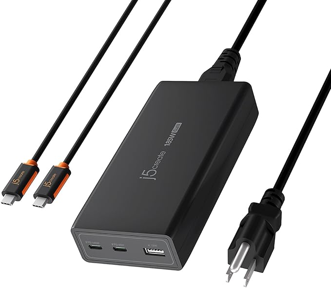 j5create 185W GaN USB-C/A 3-Port Laptop Super Charger w/Power Delivery 3.1, Supports MacBook Pro MagSafe 140W Charging-Simultaneously Power and Charge Laptops/Tablets/Phones/Game Consoles (JUP37185)