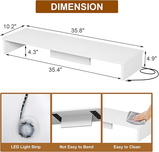 Dual Monitor Stand Riser for Desk with LED Lights, Large Computer Monitor Stand for 2 Monitors, Desk Shelf for Top of Desk, Desktop Organizer for Computer, Laptop, Printer, TV
