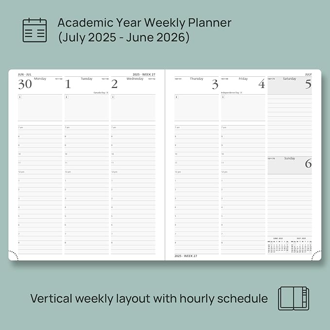 POPRUN Planner 2025-2026, (Large 8.5'' x 10.5'' Hard Cover) Academic Calendar (July 25-June 26) Daily Weekly and Monthly Appointment Book with Hourly Time Slots, Monthly Tabs, 100 GSM - Midnight Green