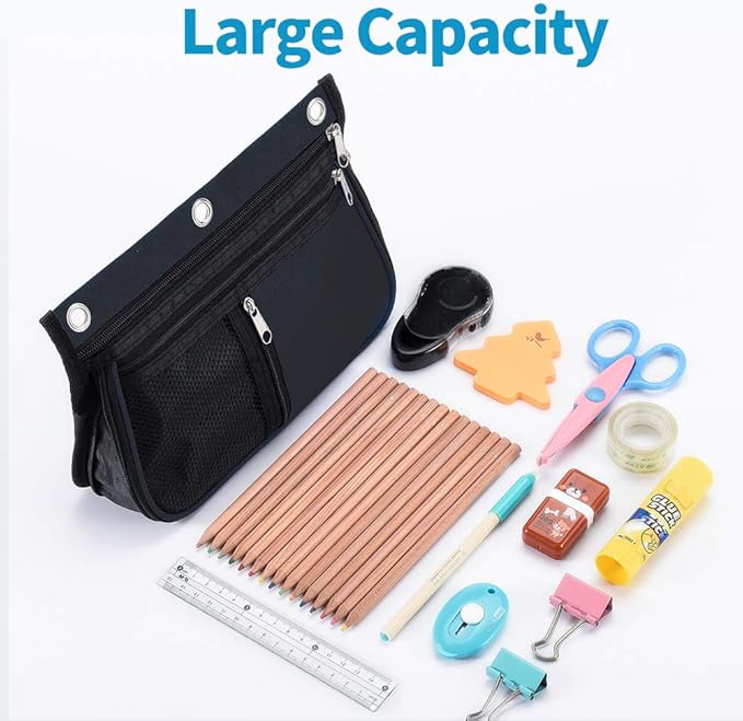 Sooez Pencil Pouch for Binder, Expandable Zipper Pencil Pouch, Fabric Pencil Pouches Binder Pockets, Large Capacity Binder Pouch, Pencil Case for 3 Ring, Black, 2 Pack