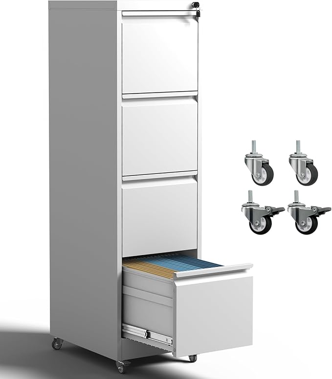 4 Drawer Locking File Cabinet with Wheels,White Metal Mobile Filing Cabinets,Vertical File Cabinet for Home Office,Heavy Duty Rolling Storage Cabinet for A4/Letter/Legal Size,Assembly Required