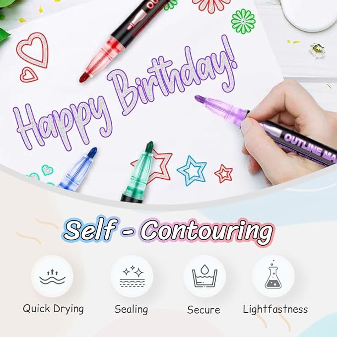 Marker Pen for Highlight, 2026 New Double Line Outline Markers, Metallic Shimmer Glitter Pens Set, Art Supplies for Christmas Greeting Cards, Scrapbook Crafts, Doodling, DIY Art Crafts (12 Colors)