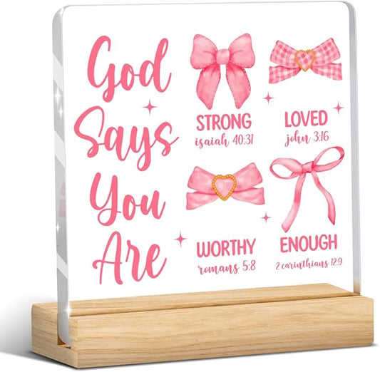 Coquette Dorm Decor, Preppy Pink Bow Bowknot Christian Decor Inspirational Bible Verses Sign Scripture Acrylic Sign Plaque Table Decorations for Home Farmhouse Room