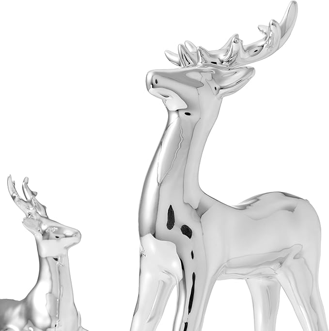 WDS WONDROUS Christmas Decorations Reindeer Figurines, Set of 2 Silver Deer Figurines Decor, Modern Xmas Reindeer Statue Indoor for Living Room Bedroom Office Christmas Village Shelf Winter Decor