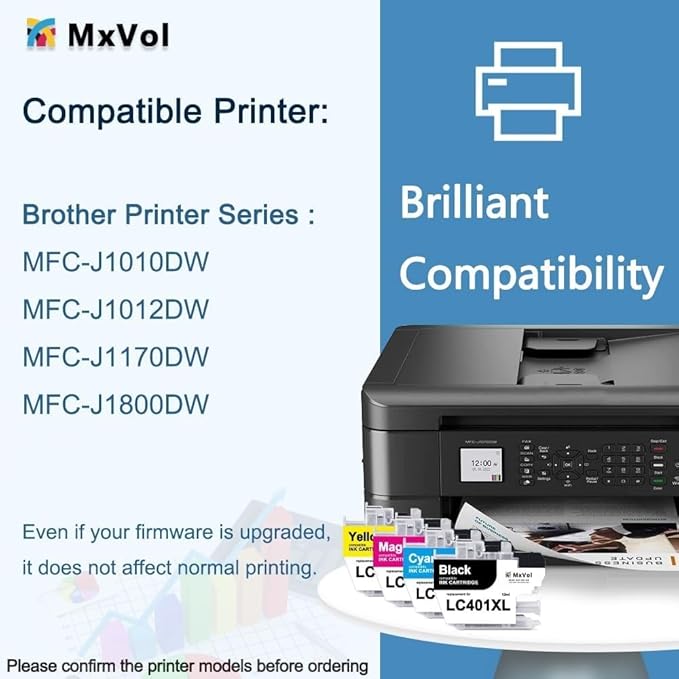 MxVol LC401XL Compatible Ink Cartridges Replacement for Brother LC401 LC-401XL LC-401 High Yield for MFC-J1010DW MFC-J1170DW MFC-J1800DW MFC-J1012DW Printer Ink (2-Black Cyan Magenta Yellow, 5-Pack)