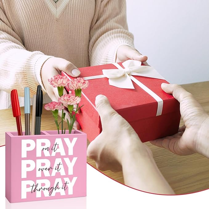 Pink Office Desk Decor Inspirational Christian Gifts for Women Men HR Manager Coworker Friend Employee Wooden Pencil Holder Boss Day Gifts Pray on it Wooden Sign Bible Verse Office Desk Decor