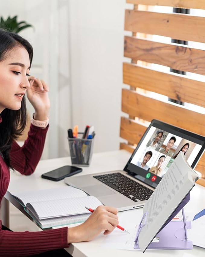 MSDADA Desk Book Stand Metal Reading Rest Book Holder Adjustable Cookbook Documents Holder for Recipes Textbooks Tablet Music Books, Mom Gifts, Gifts for Grandma Mom Mothers Day(Light Purple)