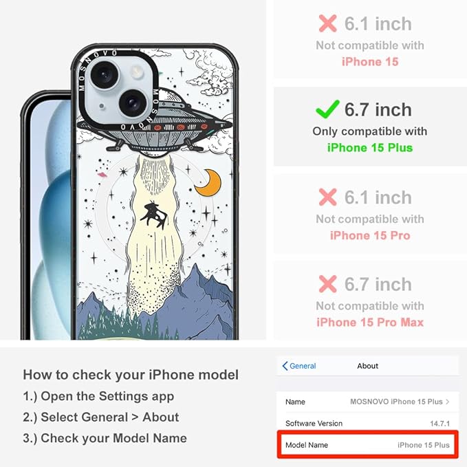 MOSNOVO Magnetic Case for iPhone 15 Plus, 10ft Military-Grade Protection, Compatible with Magsafe, Shockproof Phone Case for iPhone 15 Plus / 14 Plus - UFO - Clear Black