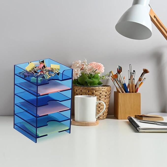 Acrylic Sticky Note Holder 6-Tiers, Sticky Note Organizer for Desk Colorful, Desktop Multiple Self Stick Note Pad Holder for Office Home School Desk Accessories Stationery Supplies, Blue