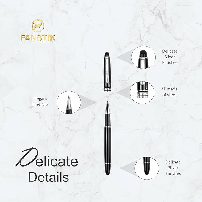 Customized RollerBall pen with name (MADE IN USA), stainless steel, black and silver, luxury engraved pen personalized for men and for women. (RollerBall Black-Silver)