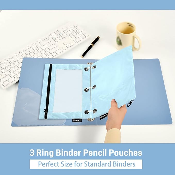 Gredecor Binder Pencil Pouch 3 Ring Light Blue Zipper Pencil Pouches Case 2 Pack Clear Binder Organizer for School Office