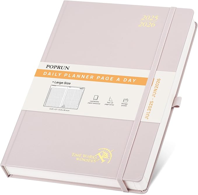 POPRUN 2025-2026 Daily Planner One Page Per Day (Large - 8.25'' x 12'') - Academic Calendar (July 2025 - June 2026), 2025 Day Appointment Book with Monthly Tabs, Hardcover - Light Pink