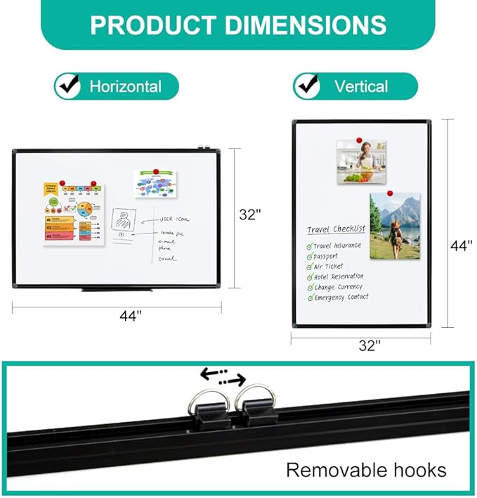 XIWODE Magnetic Dry Erase Board, Wall Mounted whiteboard, 32X44 inch, Black Aluminum Alloy Frame, Simple and Generous, Smooth Writing Surface, Easy to Wipe.