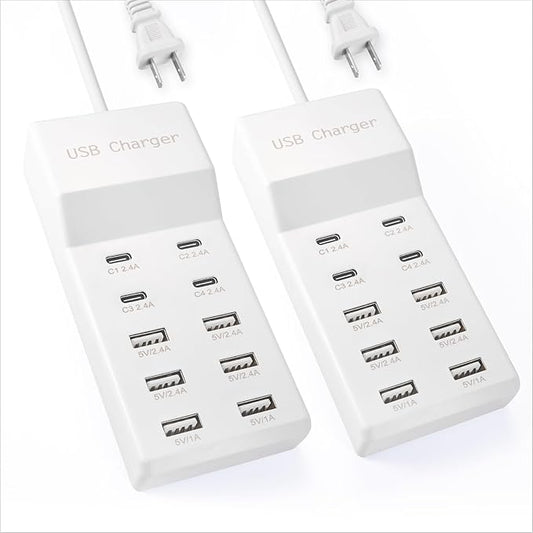 USB Charging Station, 10 Ports Family-Sized USB C Charger Block,USB Power Strip for Smart Phone Tablet Laptop Computer（2 Pcs）