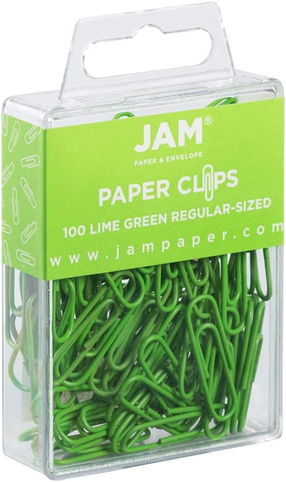 JAM PAPER Colorful Standard Paper Clips - Regular 1 Inch - Lime Green Paperclips - 100/Pack